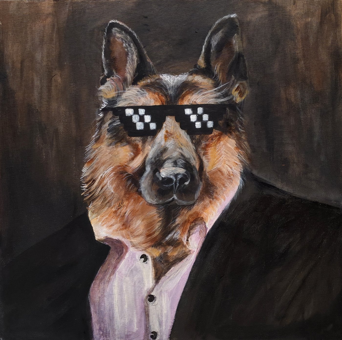 Aris, portrait of a German shepherd in a suit and pixel sunglasses against a dark background.