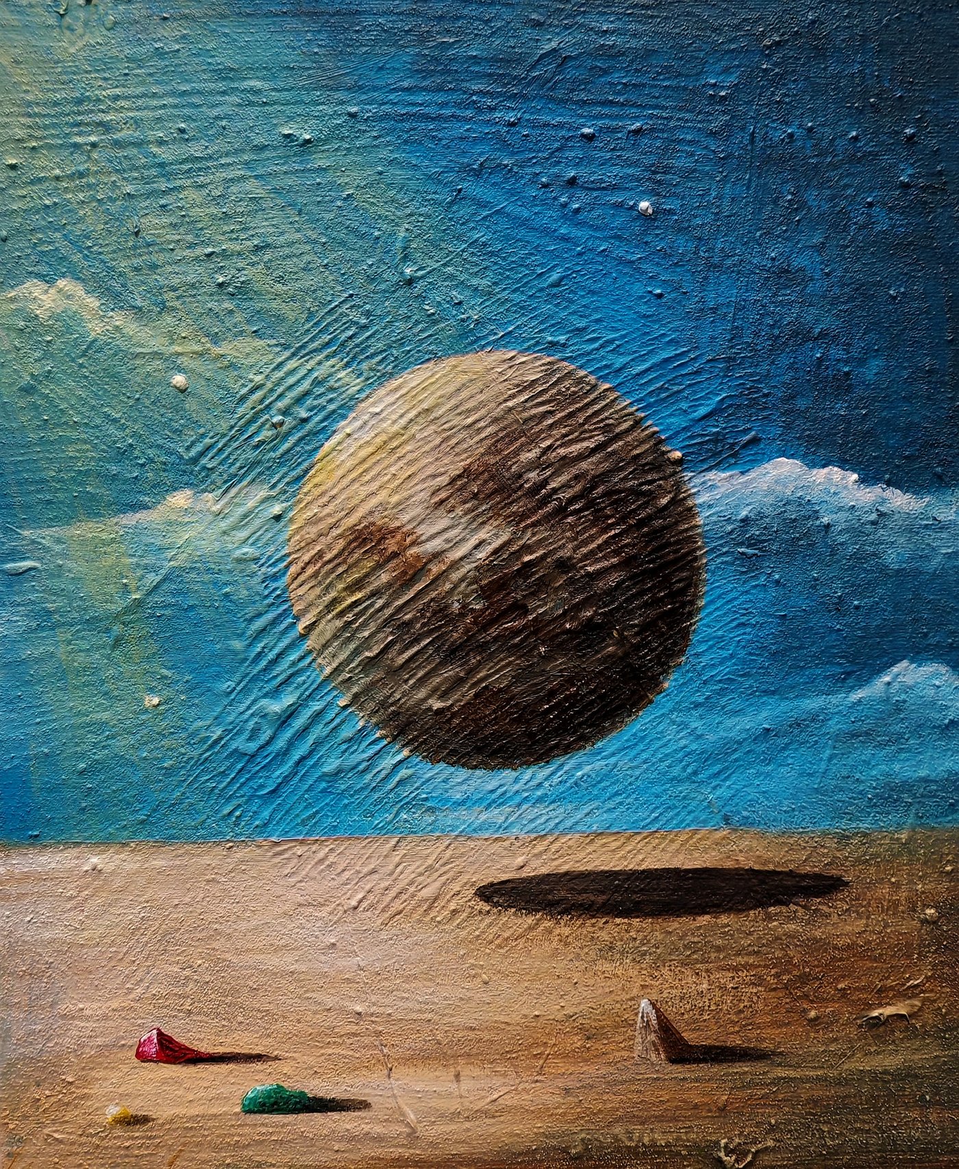 Celestial Silence, minimalist surreal landscape with a textured sphere floating above a desert floor.
