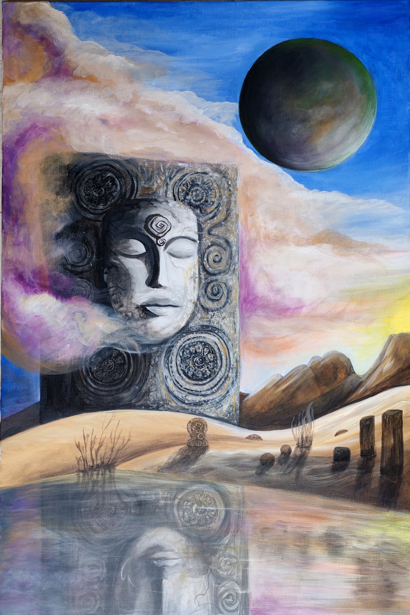 Ethereal Reflection, surreal landscape with a sculptural face mirrored in water beneath a dark celestial sphere.