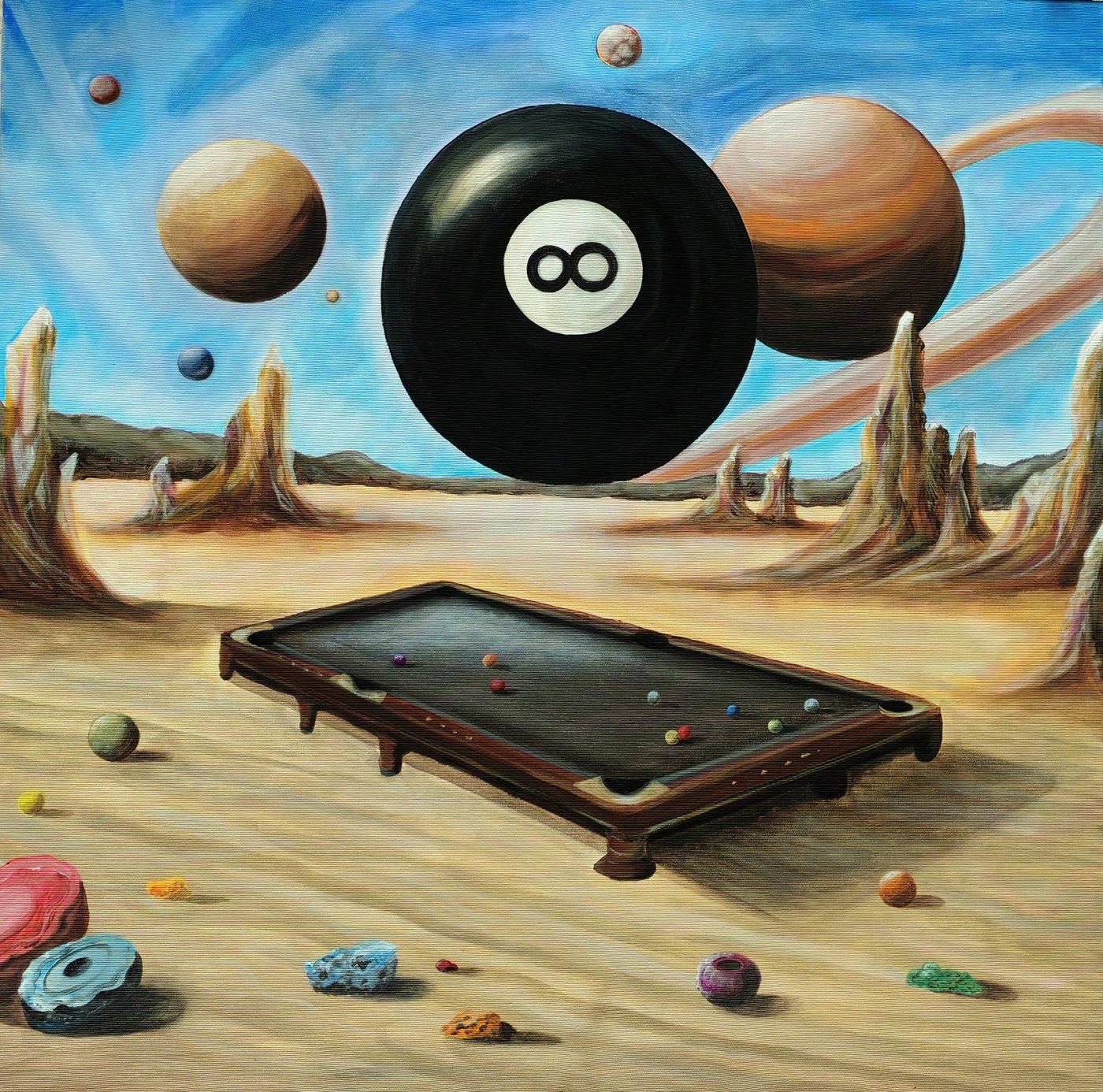 Infinity Game, surreal desert scene with a pool table, a floating black eight ball and planet-like spheres.