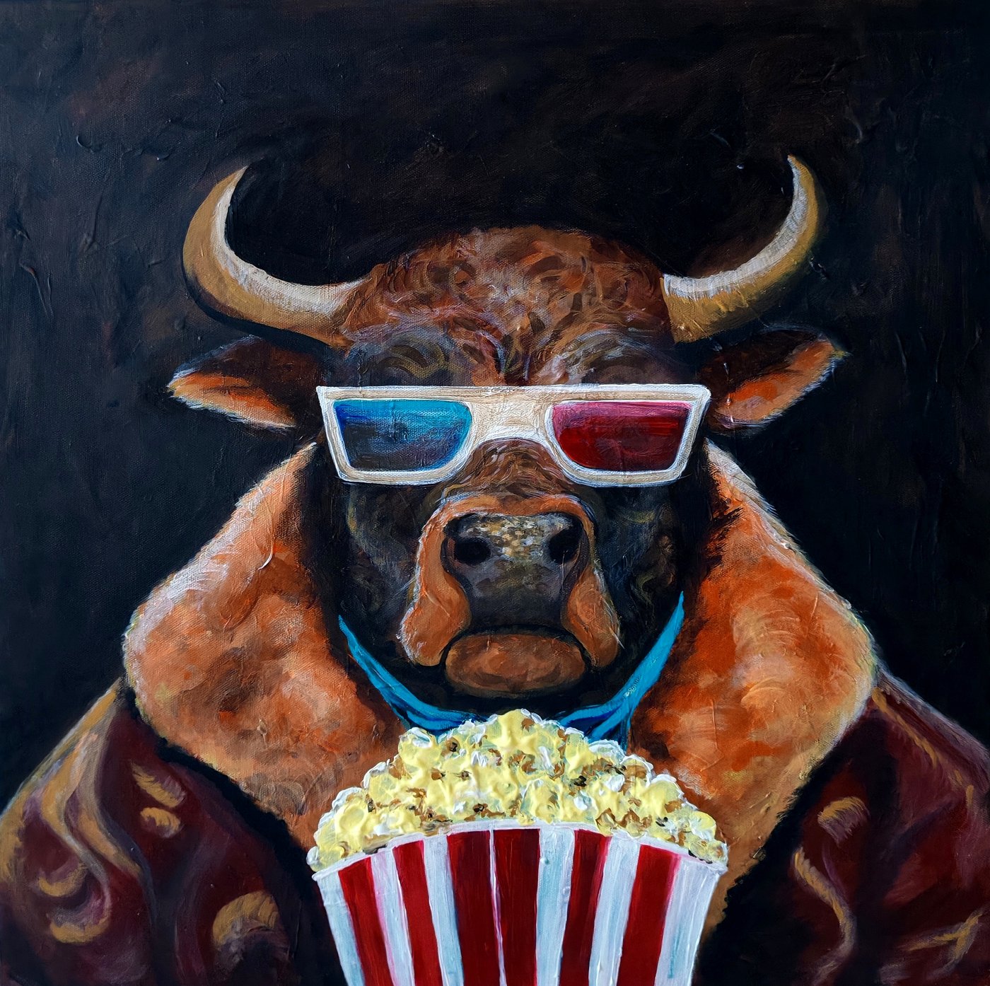 Torro, portrait of a bull in 3D glasses holding a striped bucket of popcorn.