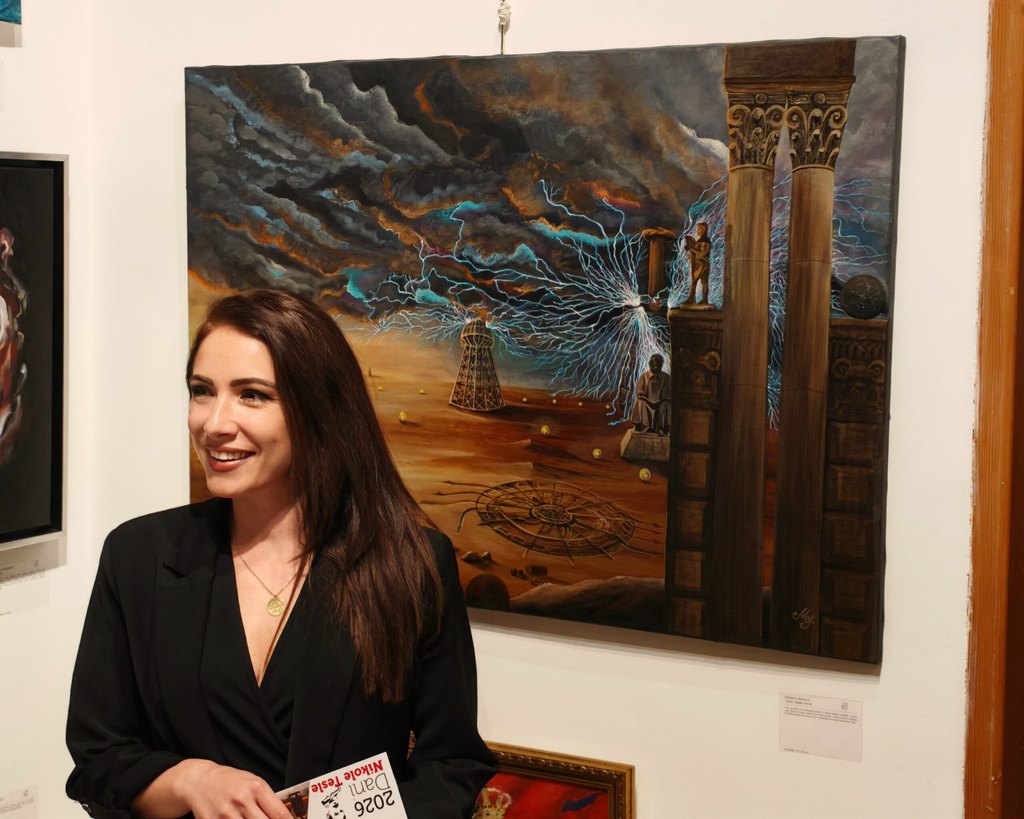 Marijana Janković beside Tesla’s Hidden World at Nikola Tesla Days 2026 in Belgrade.
