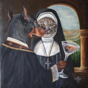 Discover 'Magna Electio,' a unique satirical art piece featuring a Doberman and cat in a surreal, classical setting. Explore more at Marijana Art.