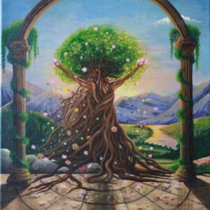 Original surrealist painting of a feminine tree of life in a lush mountain landscape by Marijana Art